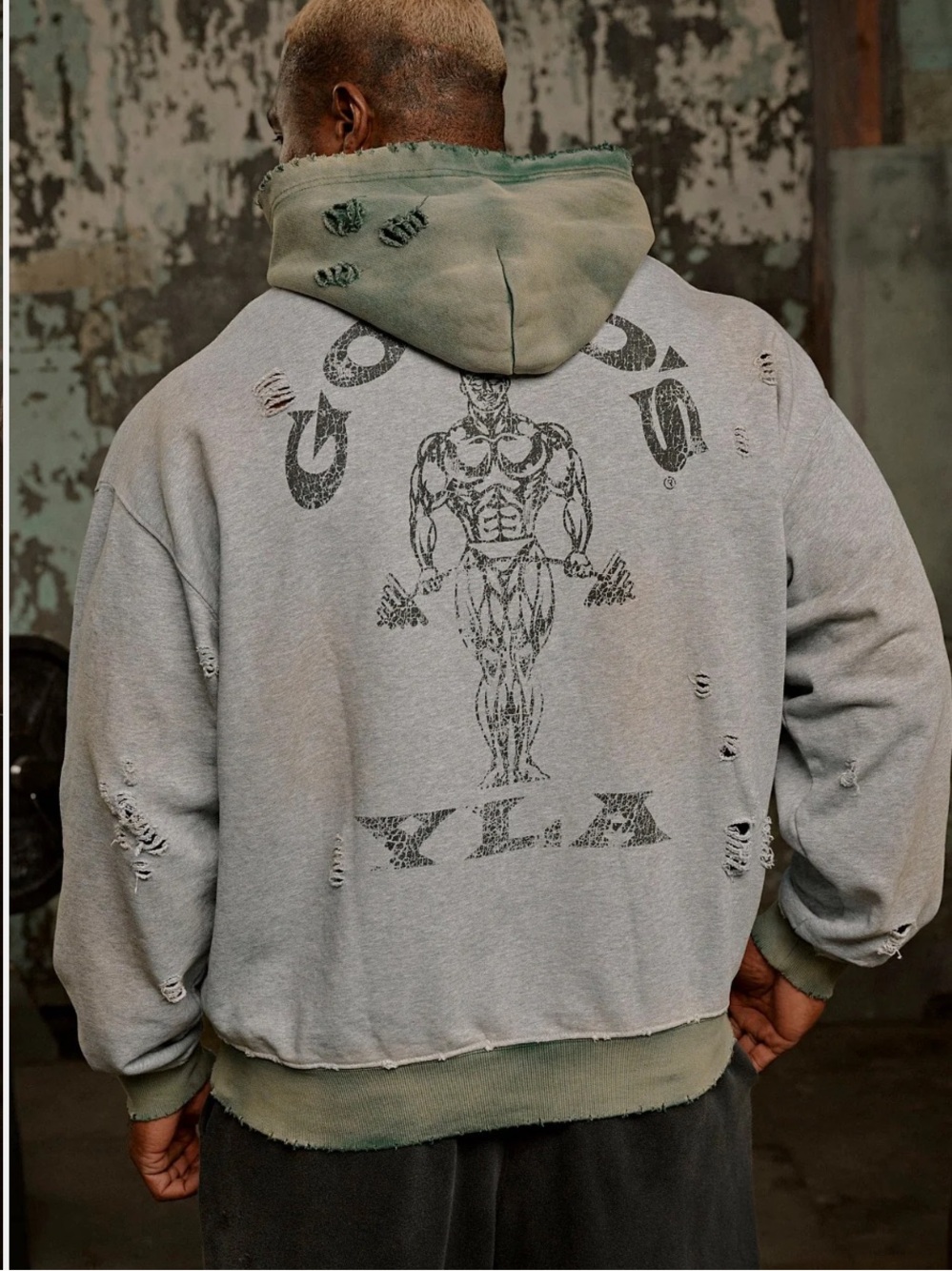 YoungLA Golds Iron Legacy Distressed Hoodie - Gray & Green